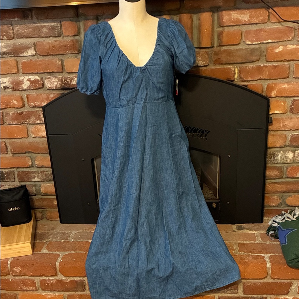 Blue Puff-Sleeve V-Neck Midi Dress